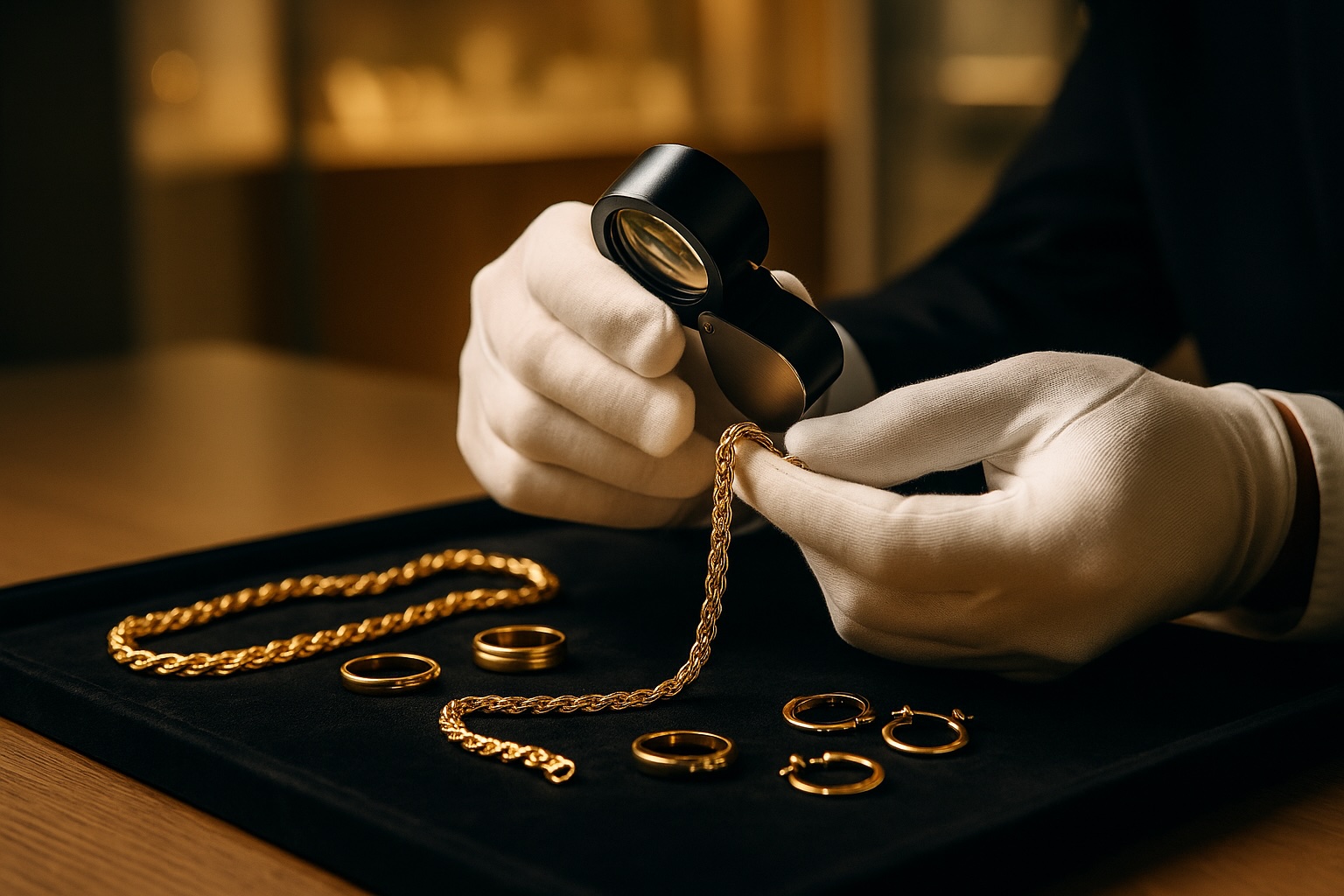 Manos de joyero profesional con guantes blancos usando una lupa para evaluar una cadena de oro sobre terciopelo negro, con varias joyas de oro en exhibición, representando la experiencia y confianza de SuperEfectivo en la compra y empeño de joyería.